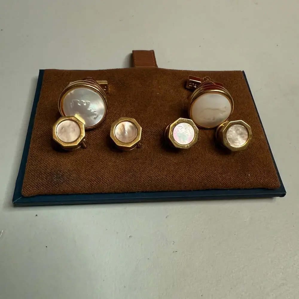 Banana Republic Cufflink Stud Set Mother of Pearl Style‎ Gold Tone Elephant